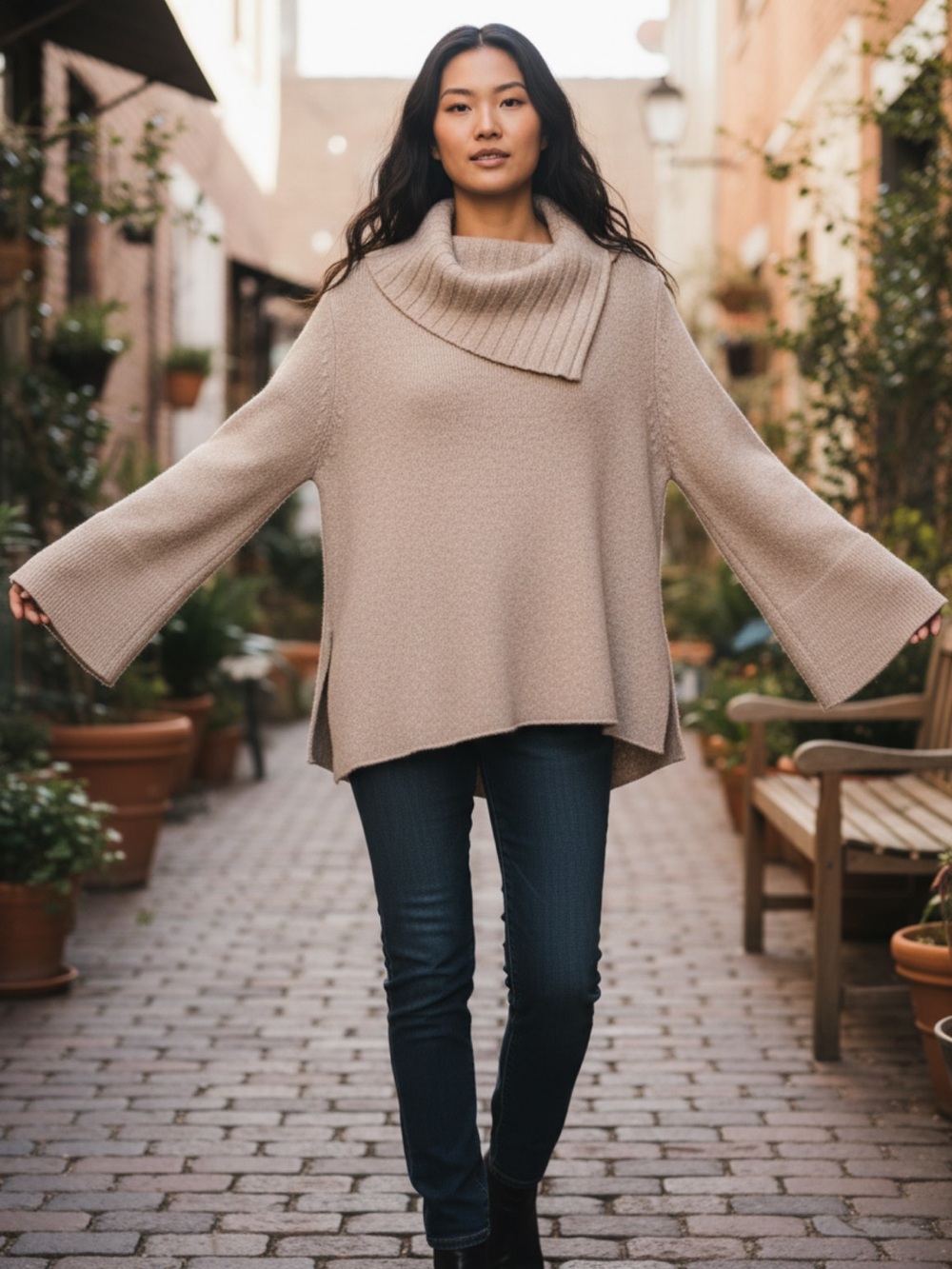 BROCHU WALKER Pullover Sweater Sz M  Funnel Neck Wool Cashmere Blend Minimalist